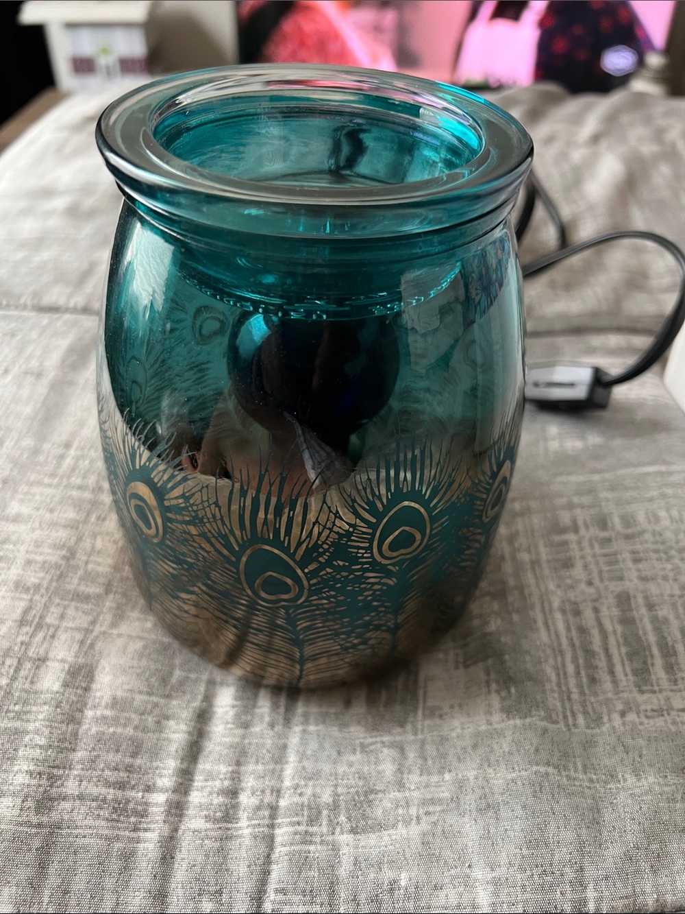 Scentsy Teal Glass Jar with Gold Peacock Feather Motif